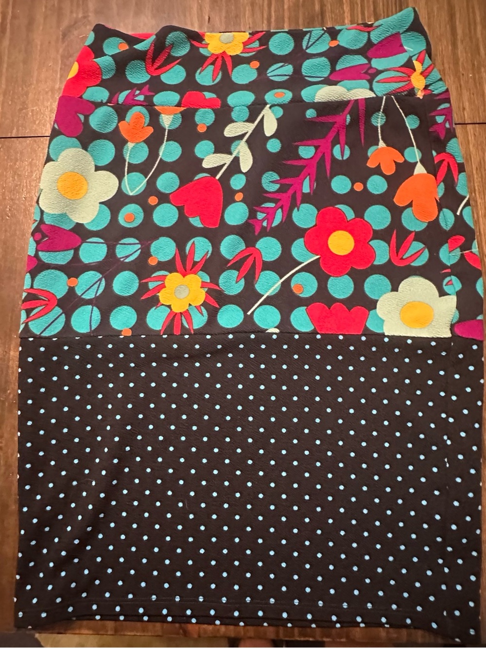 LuLaRoe Black Pencil Skirt with Bright Floral & Polka Dot Panels